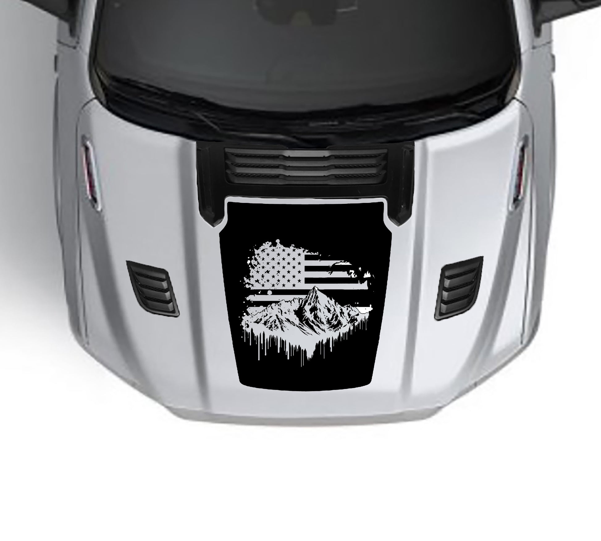 Mountain usa flag performance hood graphics for dodge ram 1500 2019 to 2023 models black