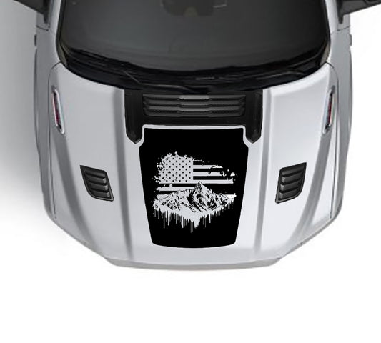 Mountain usa flag performance hood graphics for dodge ram 1500 2019 to 2023 models black