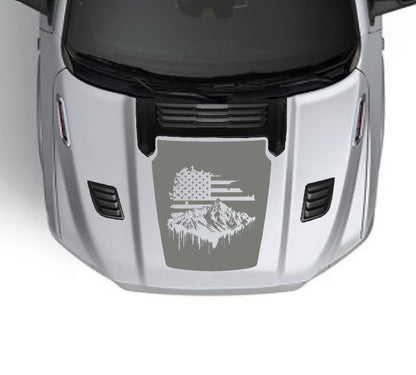 Mountain usa flag performance hood graphics for dodge ram 1500 2019 to 2023 models gray