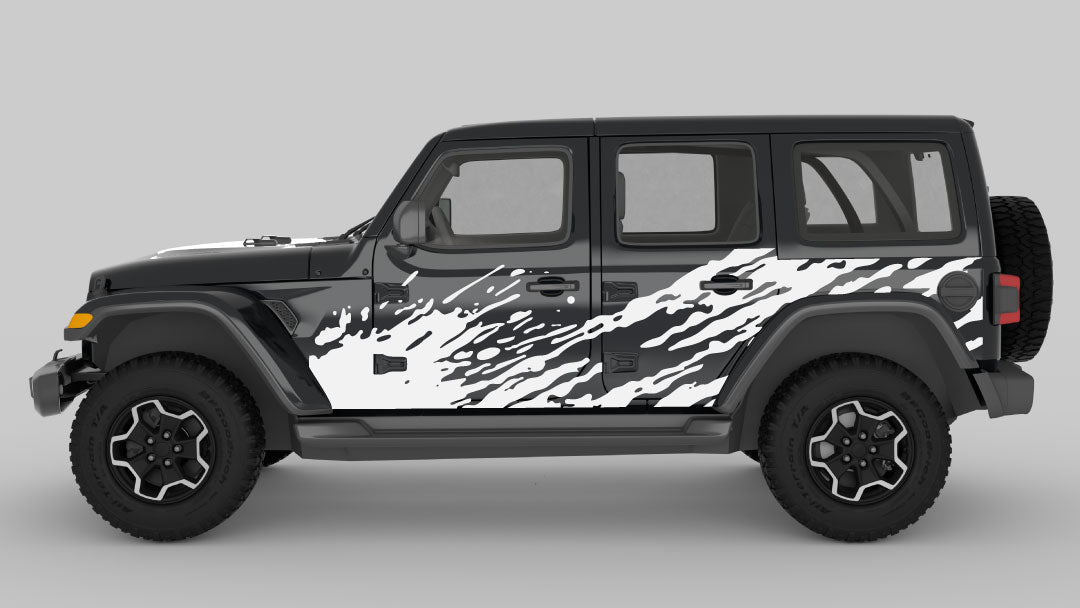 White Color Mud Splash Side Decals on Black Jeep Wrangler JL