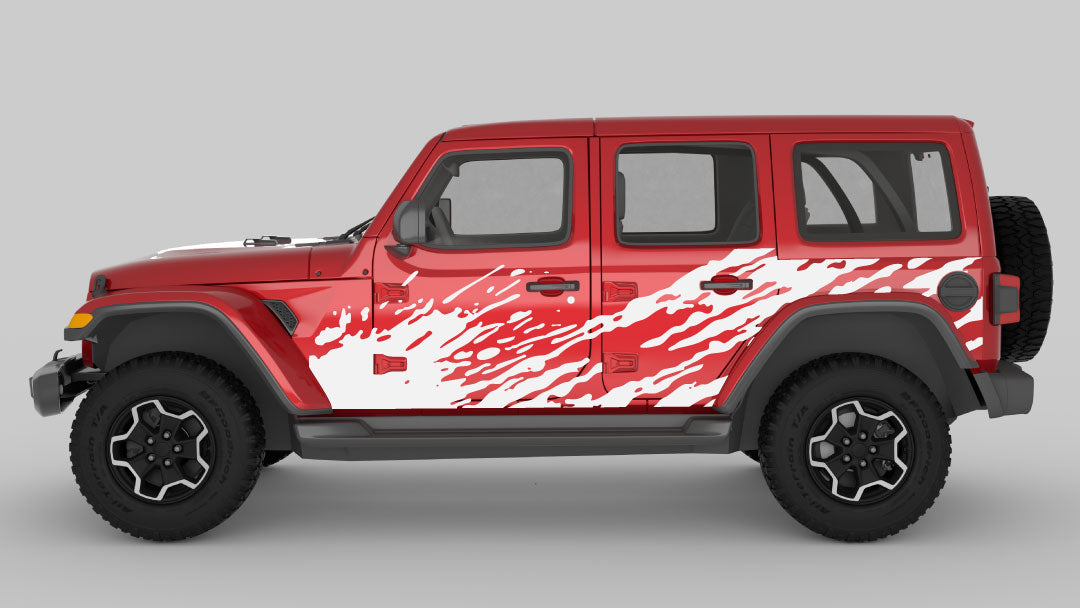White Color Mud Splash Side Decals on Red Jeep Wrangler JL