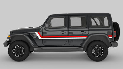 Red and White Retro Double Center Stripes on Black Jeep Wrangler JL