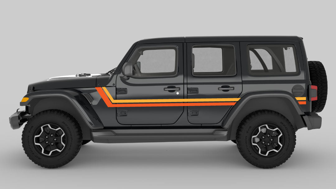 Yellow and Orange Retro Double Center Stripes on Black Jeep Wrangler JL
