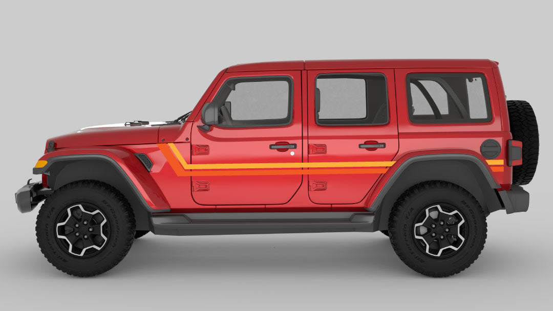 Yellow and Orange Retro Double Center Stripes on Red Jeep Wrangler JL