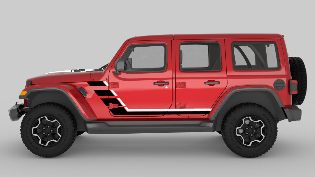 White and Black Retro Double Hash Stripes on Red Jeep Wrangler JL