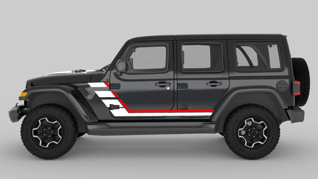 Red and White Retro Double Hash Stripes on Black Jeep Wrangler JL