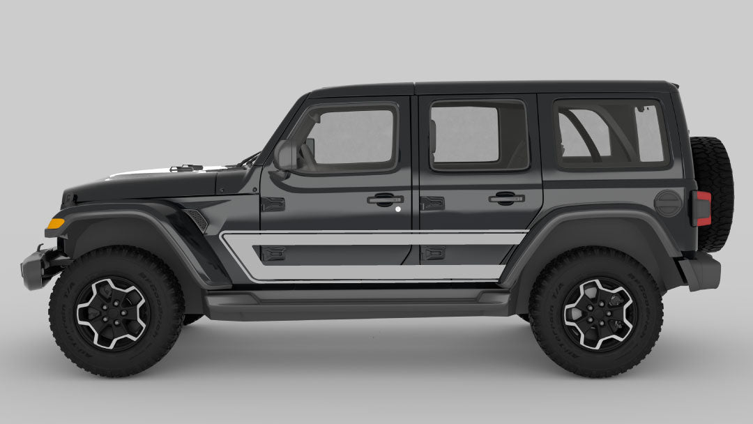 Gray Retro Style Side Stripes on Black Jeep Wrangler JL