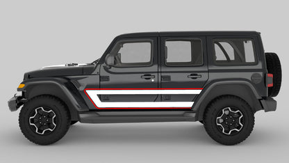 Red and white Retro Style Side Stripes on Black Jeep Wrangler JL