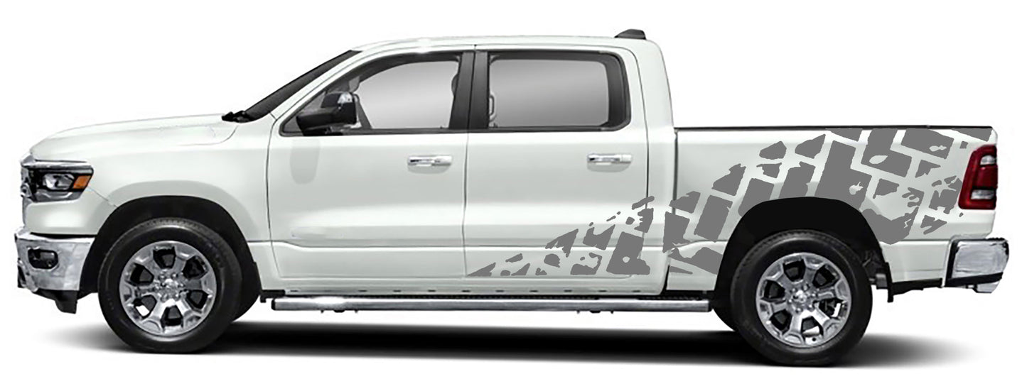 tire tracks side graphics for dodge ram 1500 2500 2019 to 2023 models gray