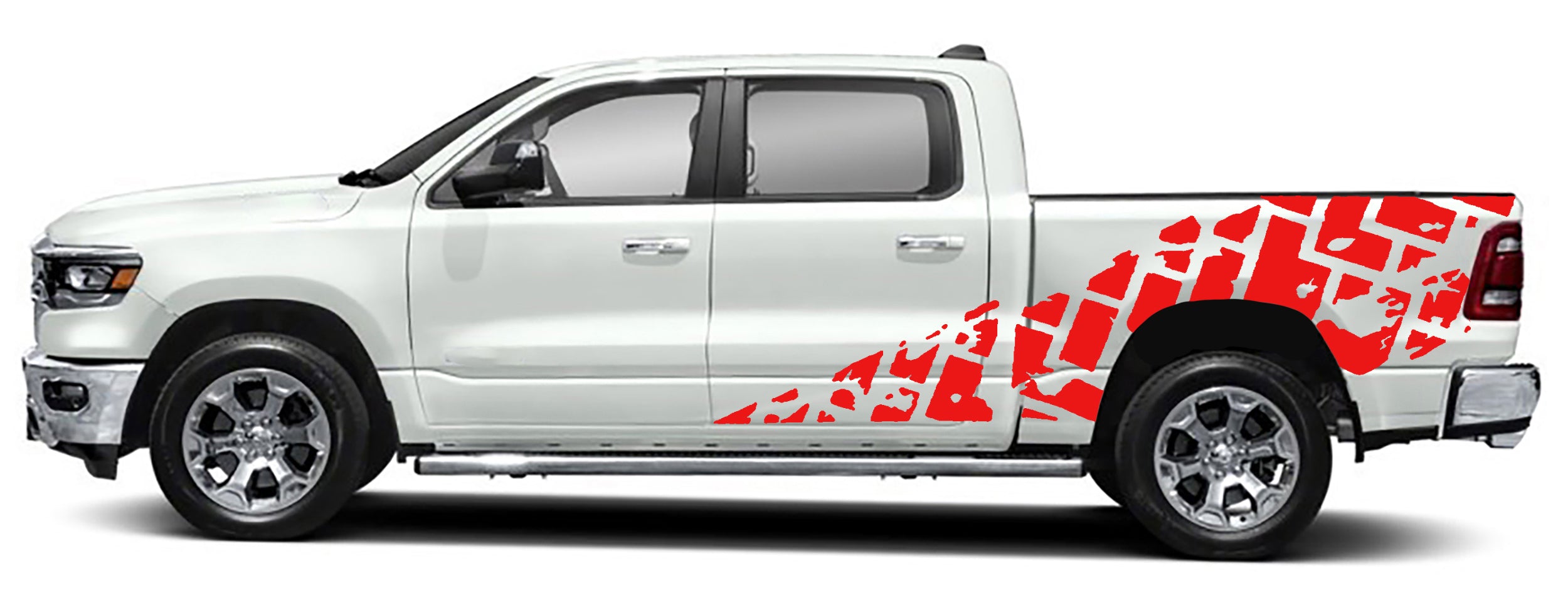 tire tracks side graphics for dodge ram 1500 2500 2019 to 2023 models red