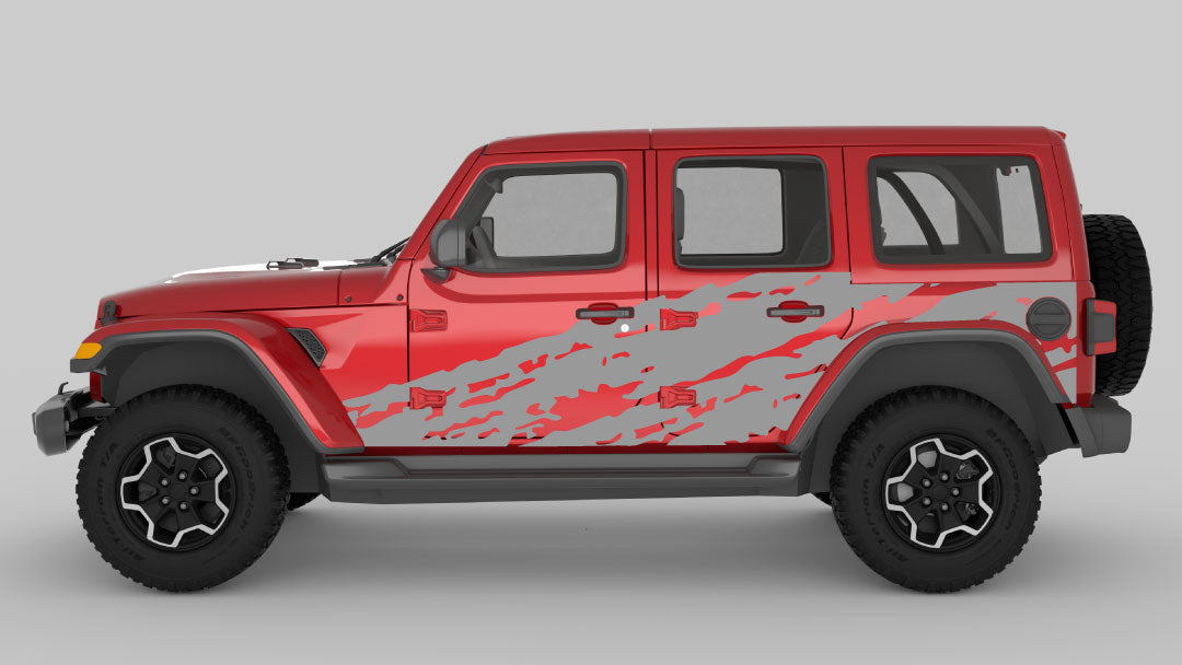 Gray Torn Side Decals on Red Jeep Wrangler JL