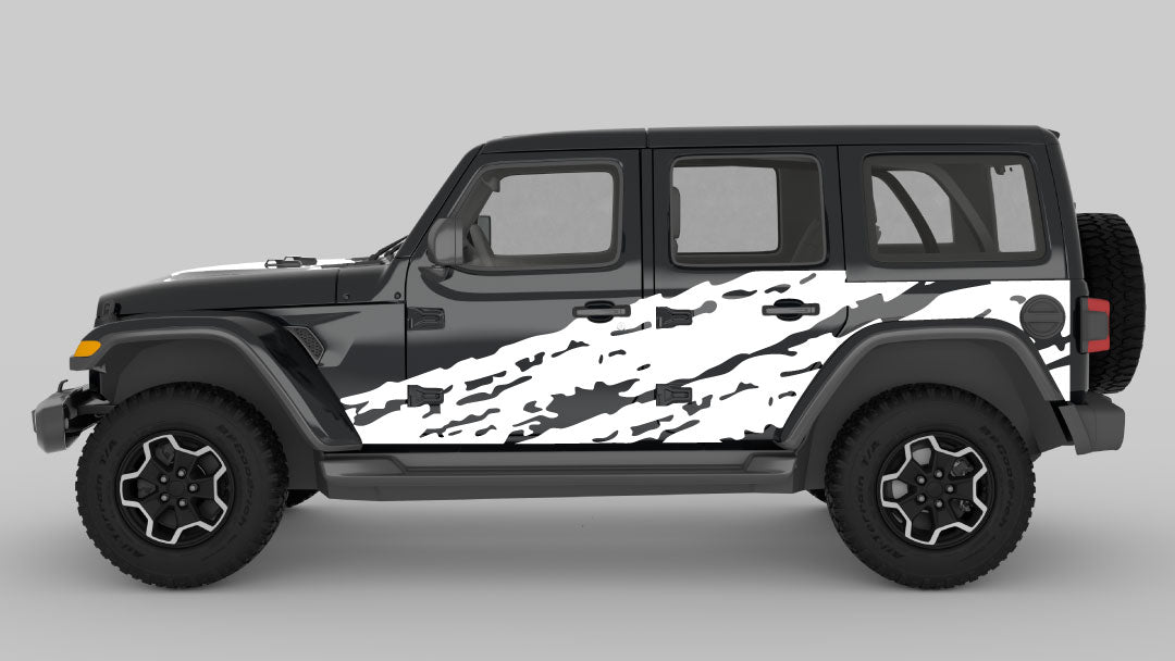 White Torn Side Decals on Black Jeep Wrangler JL