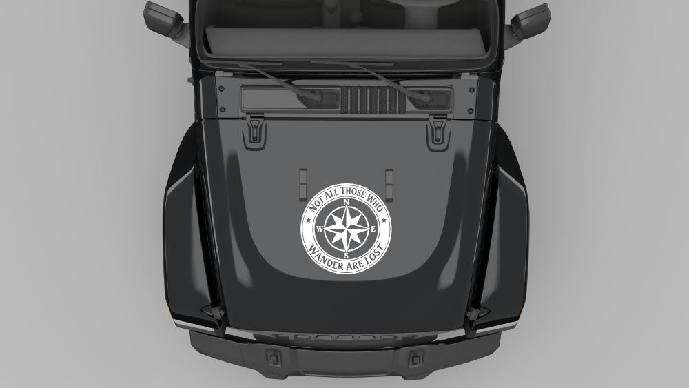 White wanderers compass circle hood decal on black Jeep Wrangler JL, minimalist adventure compass vinyl decal.