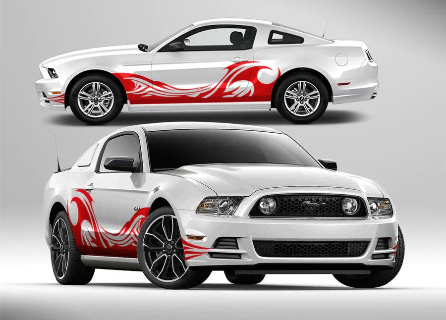Red tribal flow side stripe vinyl decals on white 5th gen Ford Mustang door and quarter panel
