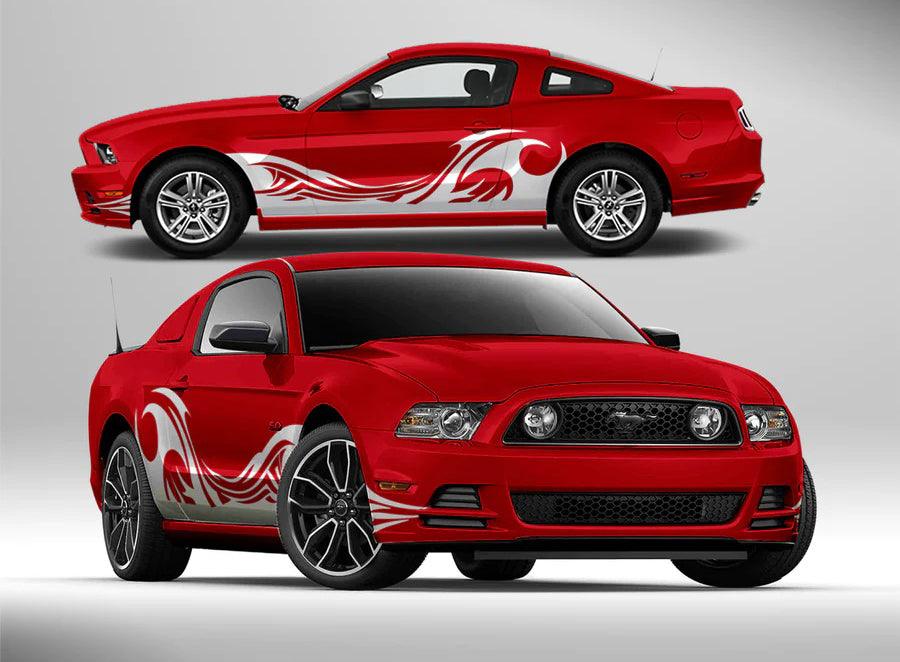 White tribal wave side graphics kit installed on red Ford Mustang 2005–2014 with rocker stripe